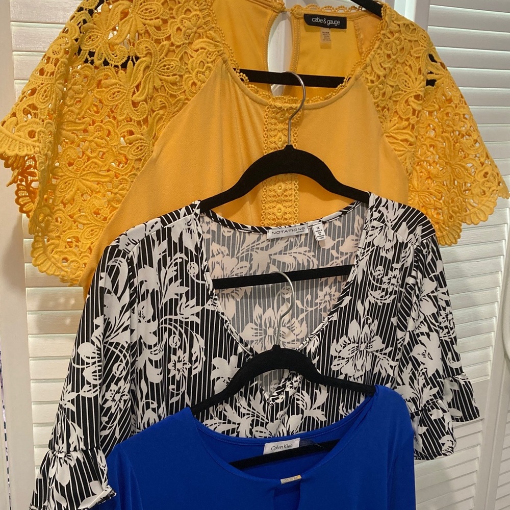 Lot of 3 Women’s XL blouses - yellow, black and white, blue. All used.